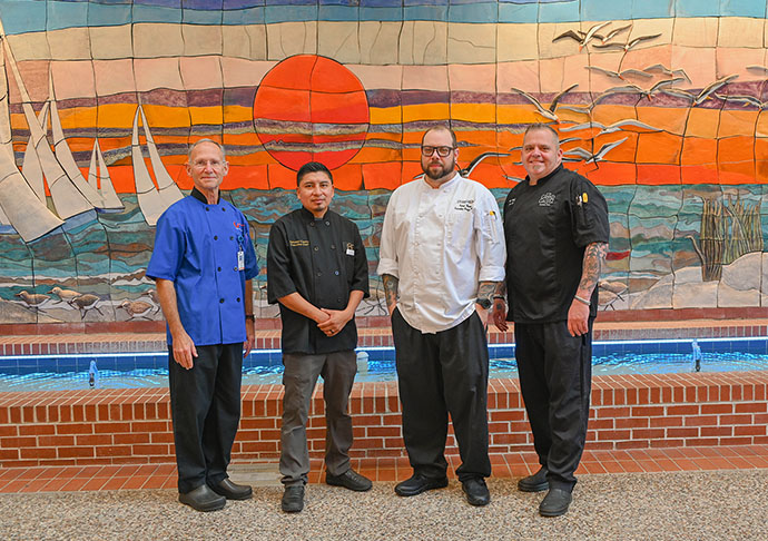 Galveston College will host the Five Fabulous Chefs event on Nov. 19 and 20 at the college’s main campus atrium in Galveston. From left to right, GC Culinary Arts Program Director, Paul Mendoza, Chef Salvador Castro of 1817 Steak and Seafare, Chef Kelsey Thomas of the San Luis Resort and Chef Sean Walker of the Grand Galvez. Not pictured are Chef Yarik Golobokov of Marmo Café and Lounge and Chef Marshall Monroe of Coastal Catering.