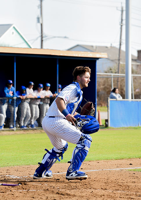 Galveston College sophomore catcher Landon Williams during a game against Angelina College on Jan. 30, 2024, at Bernard Davis Field in Galveston. (COURTESY PHOTO)