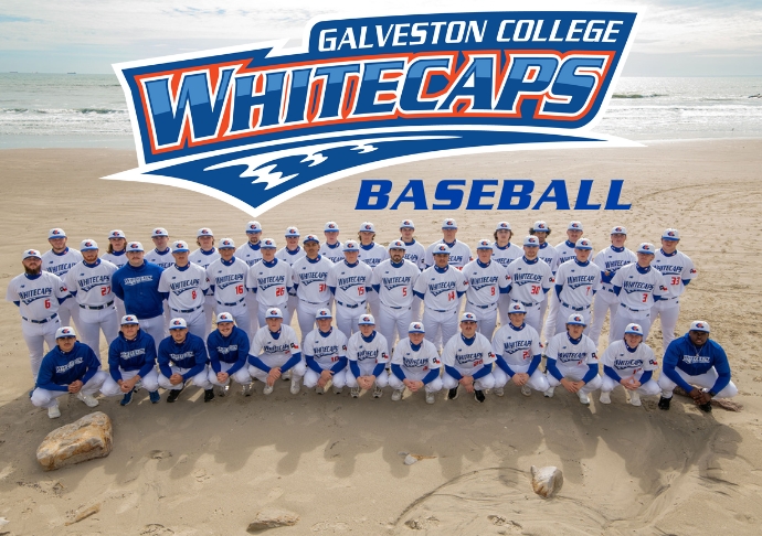 The 2025 Galveston College Whitecaps baseball team poses on the beach in Galveston.