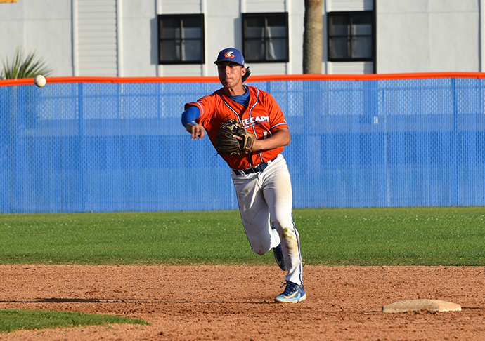 Baseball pitcher throws ball.