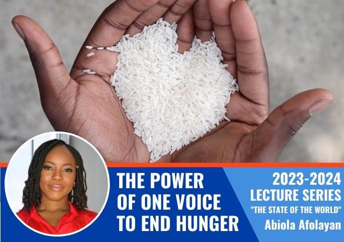 Hands holding rice and information on the lecture